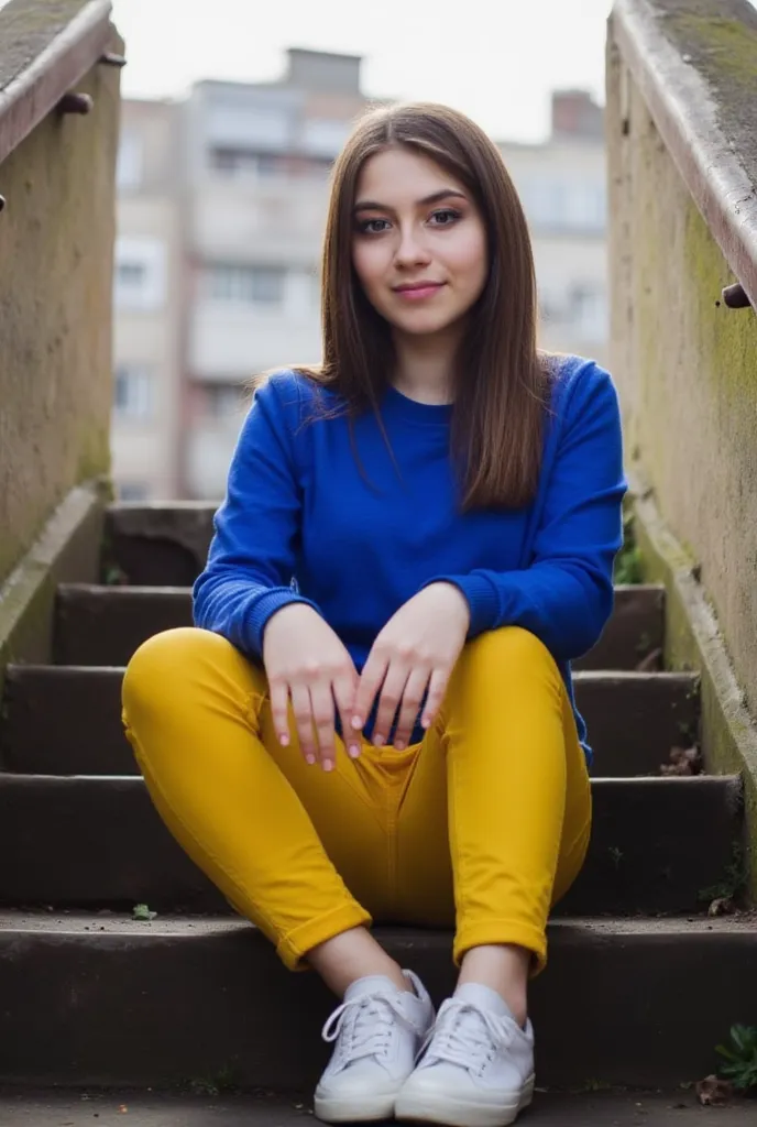 woman sitting on a staircase. Has a blue sweater on. Yellow jeans and sneakers In the background you can see the apartment blocks,  style photorealistic ,  sharp focus, very detailed, sunlight, Detail,  full body