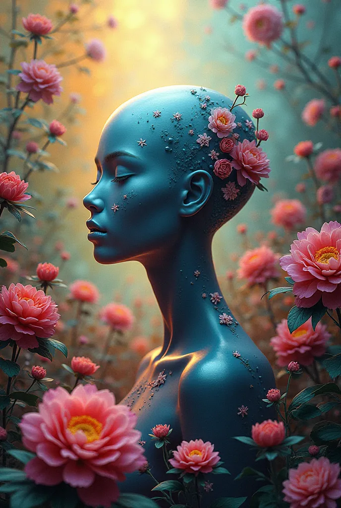 Image with eyes, flowers, surreal, faceless and full of colors 
