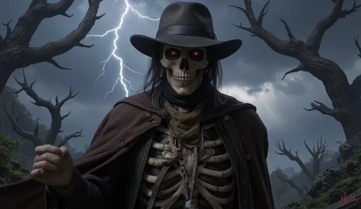 Male skeleton character wearing a smoker hat, wearing clothes, background picture, hell with trees, lightning