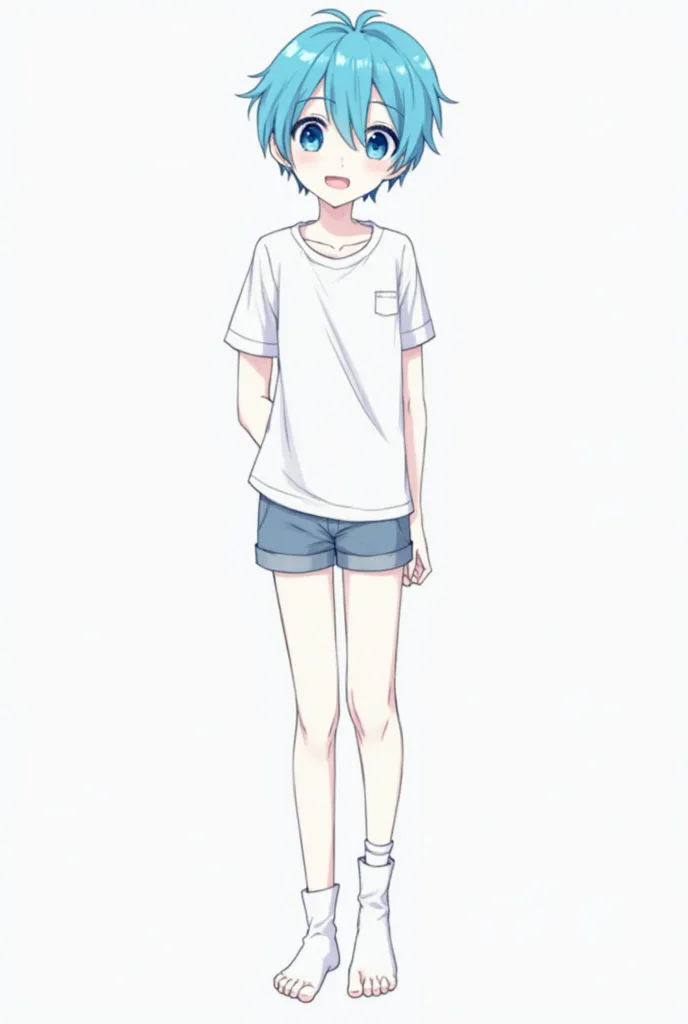 Draw a boy in anime style，The boy also has a leg ring on the left and right，Thin stature，sky blue hair，The same hairstyle as many anime male protagonists， Very white skin，He has a very cute face，The eyes are also sky blue，wearing a white short sleeve，The l...