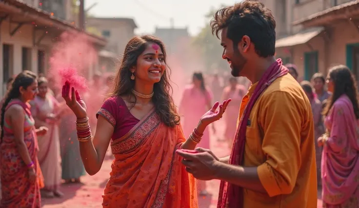 A playful Holi moment in a village courtyard. A young woman, dressed in a brand-new, brightly colored saree, playfully raises her hands, warning her mischievous beloved not to throw color on her. Her face is half-smiling, half-pouting as she tries to dodge...