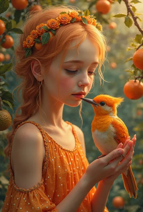 An orange-skinned girl with a woodpecker and tangerines around her 
