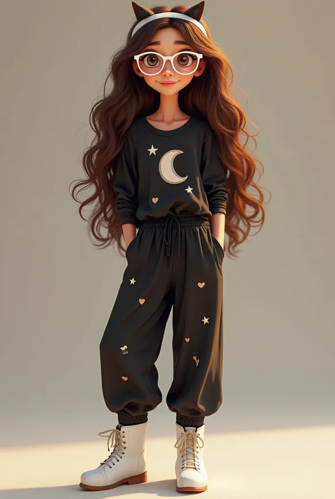 adult woman, Black clothes with moon on the blouse and loose leg pants with hearts kitten-style white glasses white boot with headband with moon on top look good Pixar-style animation brunette long curly hair 