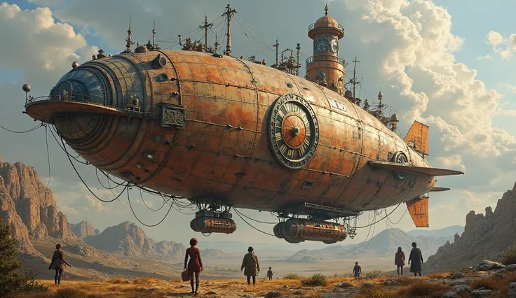 Поднимаются на steampunk airship  Сексуальные девушки в стиле стимпанк с большой надувной грудью в цилиндрических шляпах и в прозрачном корсете в футуристических очках. In front of a steampunk building, steampunk airship, day