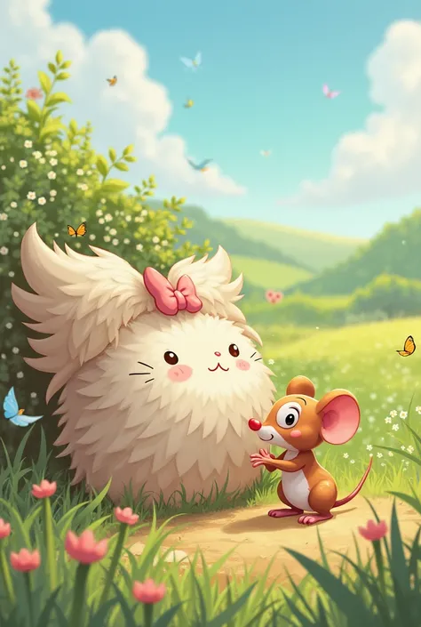 pasture, design a little mouse building a wall with feather cushions. This little mouse must be designed to vary the scenes in the story, using the same character with different actions. The image should look like a cartoon or made by ren 