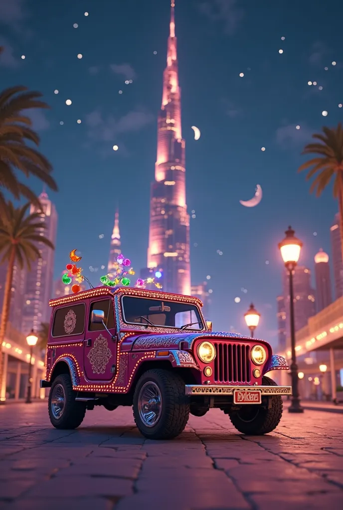 Create an animation for a ad of Ramadan Kareem with background of burj khalifa and a jeep with the festive decorations 