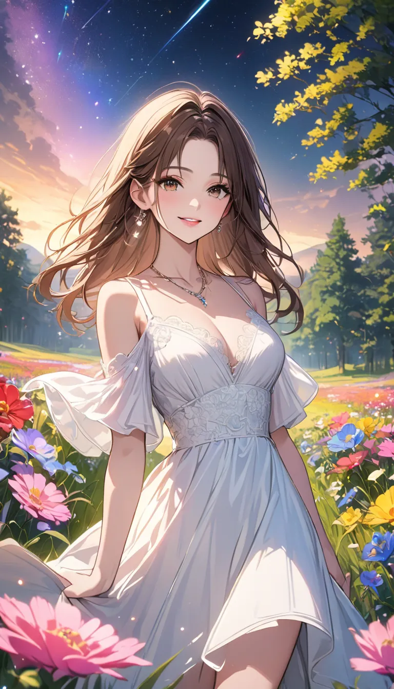 (masterpiece, Highest quality, 8k, Hi-Res), 1 young woman, beautiful face, sharp, beautiful brown eyes, pink lips, Beautiful Nose, Long brown hair, Perfect face , perfect style, smile,  best anime girl , Grassland with forest view, walk, Colorful flowers b...