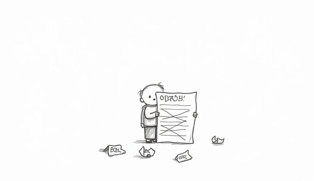 A simple sketch illustration of a small character holding a list of goals, but every line on the list is crossed out with the word ‘later.’ The character looks down at it with a frustrated or defeated expression, their body slightly slumped. Crumpled paper...