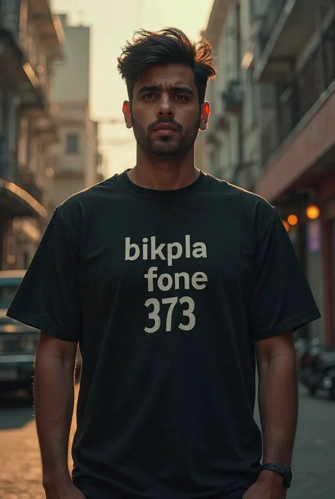 A man standing wearing a black t-shirt on this shirt it is written as BIKPLA FONE 373 yet..