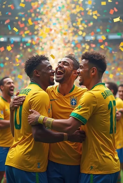 Brazilian football players joy of victory — All hugging each other on the pitch, confetti explosions in the background.