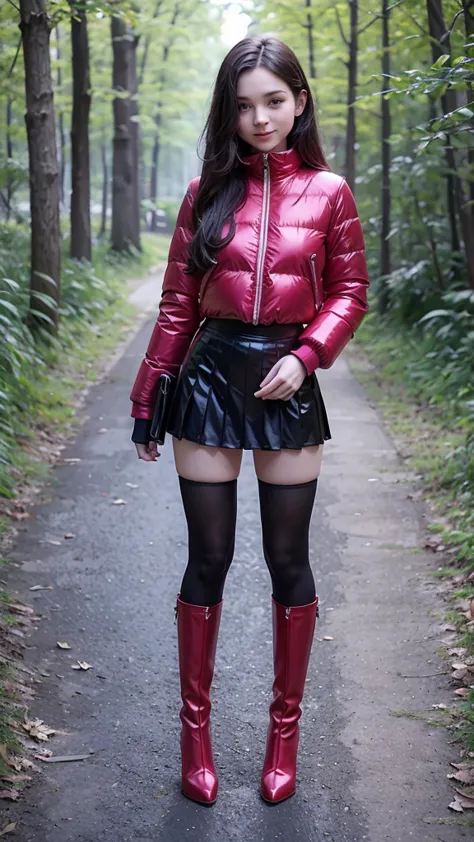 One British pre s, chav bimbo, long sleeves, pleated black silk mini skirt, (red shiny  puffer jacket), black stiletto high heels boots, black stockings, lots of make up, fitted  schoolgirl, posing for picture, seductive, 4k resolution, standing in forest,...