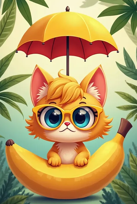 A banner template named 'Swag Banana' with a yellow and red umbrella, a cartoonistic cat with a big blue eyes and golden hair, a cartoonistic banana with half open, wearing a sun glass, surrounded by green leaves,