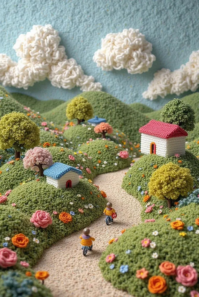 A cozy countryside landscape designed entirely in a crochet and yarn art style. Rolling green hills, colorful flowers, and a winding pathway are all intricately crafted with soft, woven textures. Small houses with white walls and blue and pink roofs sit am...