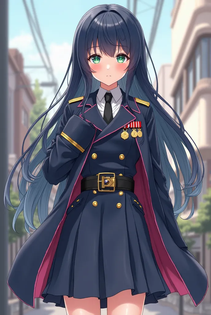 Anime girl long midnight blue hair clean cut, with dark gray eyes that have green highlights.
She wears a dark indigo capelet and open indigo trench coat, both articles of clothing sporting pink highlights and gold buttons, all on top of a modest knee leng...