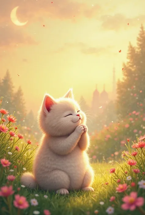 Cute cat praying namaz in beautiful background 