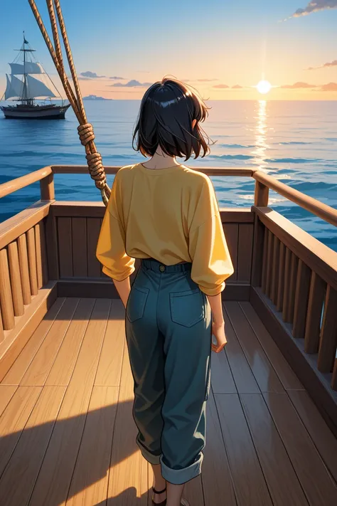 A girl with short black hair wants pants and a yellow shirt. She wakes up unconscious on a ship. 