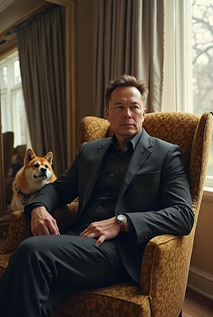 Elon Musk seat at a luxury chairhe's room and window he's behind be mind mirror he's left side, with a little shiba on his side