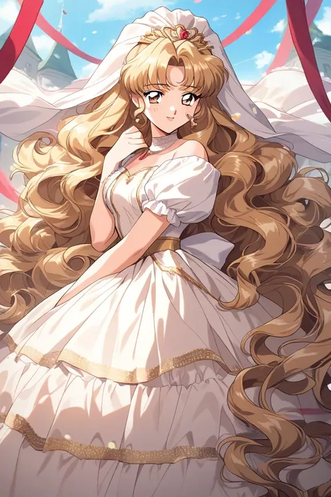 Most beautiful woman in the world, dark blonde hair, princess dress, curly hair, absurdly long hair, 90s, hair cascates down her body, frizzy hair, volumous hair, rosy cheeks, light skin, brown eyes, gentle, kind, princess dress, hime, idol style clothing,...