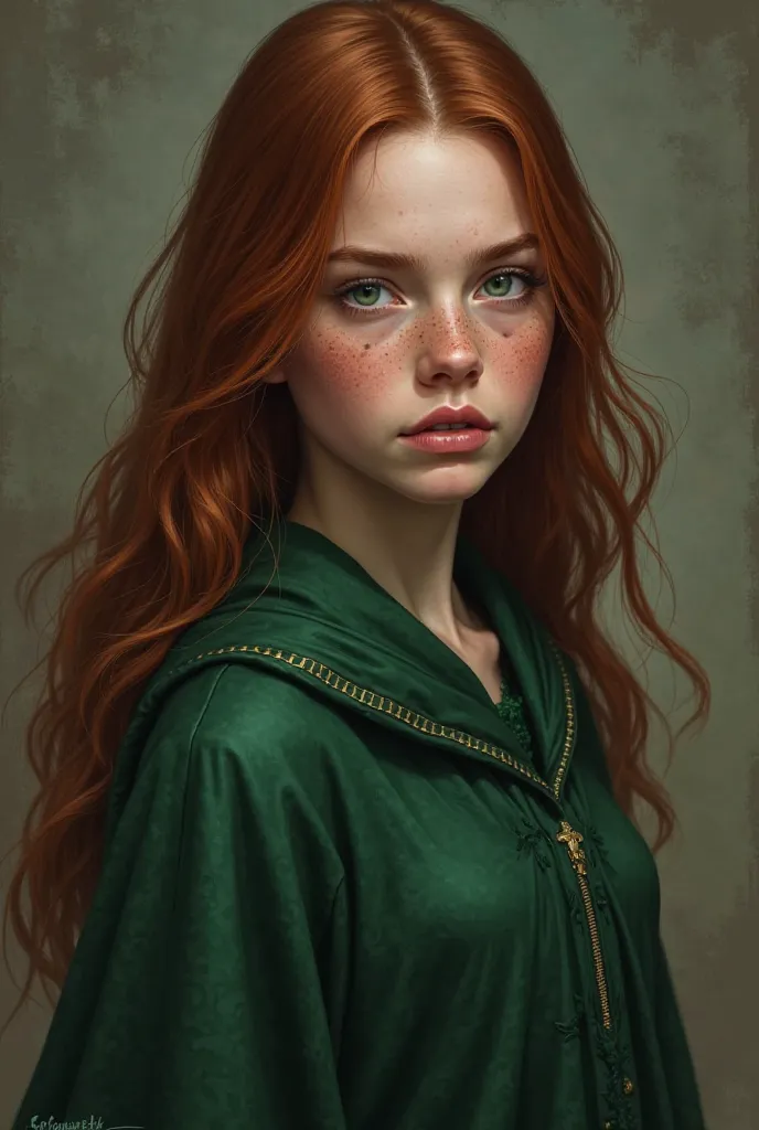 in realism, a girl with long dark red hair and green eyes, pale skin with freckles in a Slytherin robe