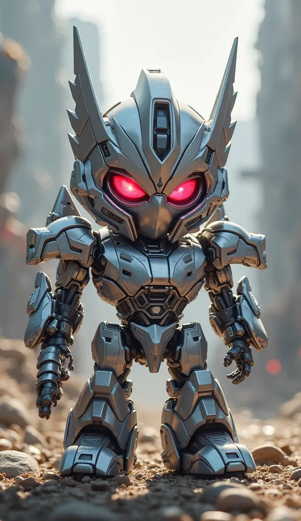 "An epic 4K digital painting of a baby Transformer inspired by Megatron. This tiny villain has silver metallic armor with sharp, smooth edges, a small fusion cannon attached to his tiny arm, and red glowing eyes that look mischievous yet adorable. He stand...