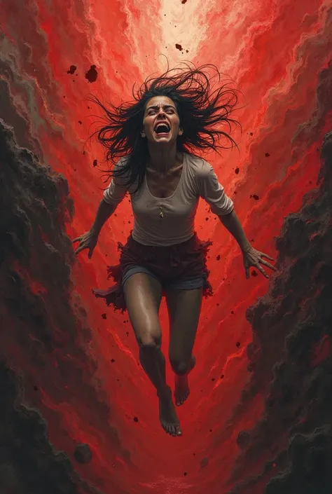 Create a woman who falls into the abyss this abyss is madness and she is falling at very fast speeds on a landscape behind that tends to the colors red, Try to be psychological in creation, 