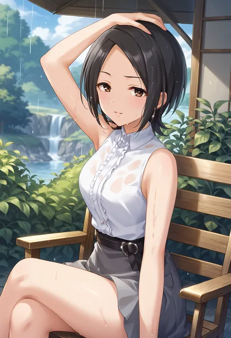 Tougou Ai、 white sleeveless shirt in the style of Watanabe Akio、black miniskirt、arm up pose、chair、 is embarrassing、rain、Outdoors、 wet body 、 Ulchan-6500-v1.1, ( RAW photos :1.2),  beautiful detailed , very detailed目、Brown Eyes 、 The file size is large, Hi-...