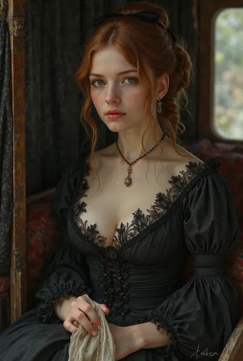 Young and beautiful woman with caramel-colored hair tied in a bow and light eyes wears a dark dress from the year 1840 she is in a carriage of the time with a handkerchief in her hand looking sad 
