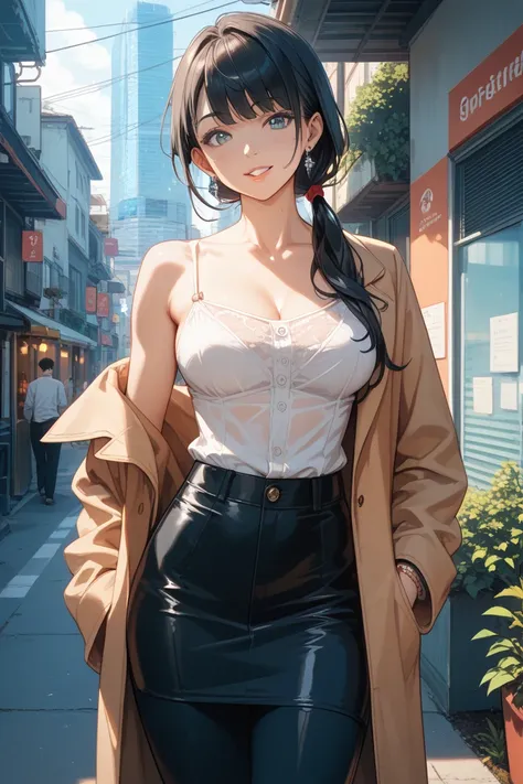 'A tall, slender Japanese woman with straight black hair tied in a low ponytail. Height 172 cm, well-proportioned build. Wears a stylish business suit with a jacket and a camisole as an inner layer, sometimes with trousers or a mini-skirt. Confident postur...