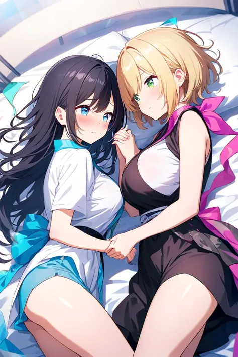 2 women（（ character for V21（long hair、blonde hair、Big Breasts、 green eyes、Fleeting、A pair of ribbons on the left and right）peace of mind、peace））、（（ character for V2２（short hair、 black hair、 small tits、 blue eyes、Rin々Shii、Compassion））、 bed、lying down、sad at...