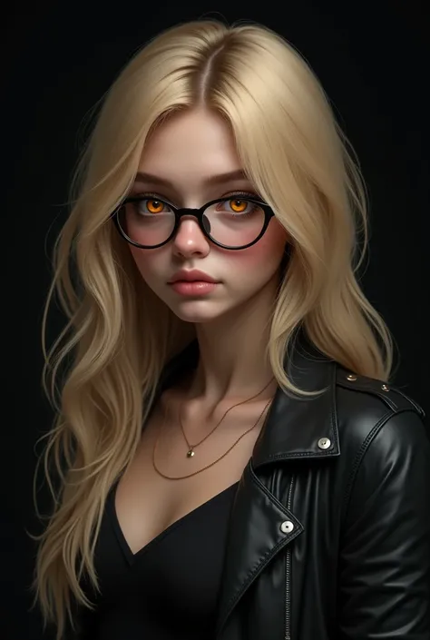 A girl that is 19 years old one of her eyes is demon orange eye the other eye is closed the girl also has a blonde long hair and she is wearing black tank top  and jacket a leather black one and also you can see a black backround she is also wearing glasse...