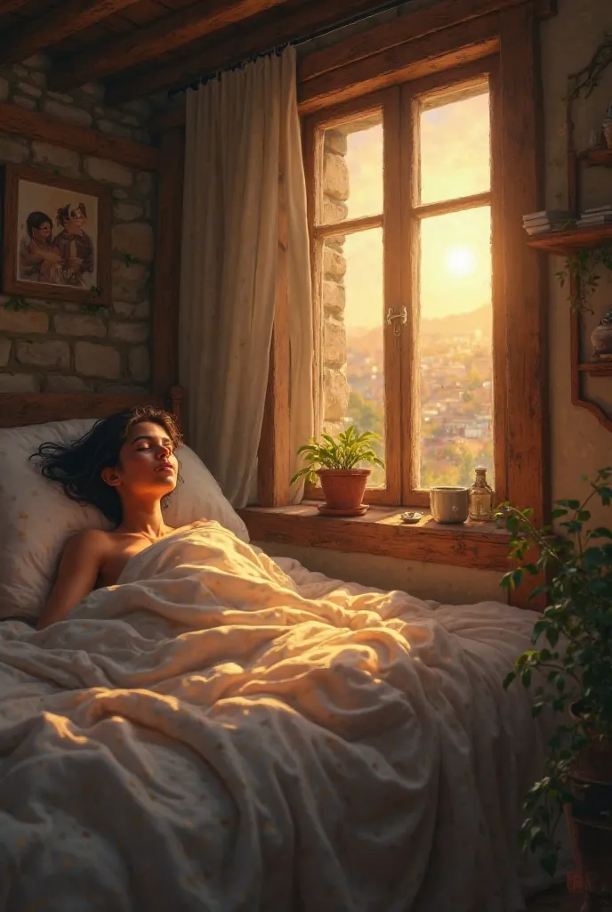 Person waking up slowly, with sunlight streaming through the window of a simple stone and wood house. We heard sounds of birds and the movement of the city in the background.