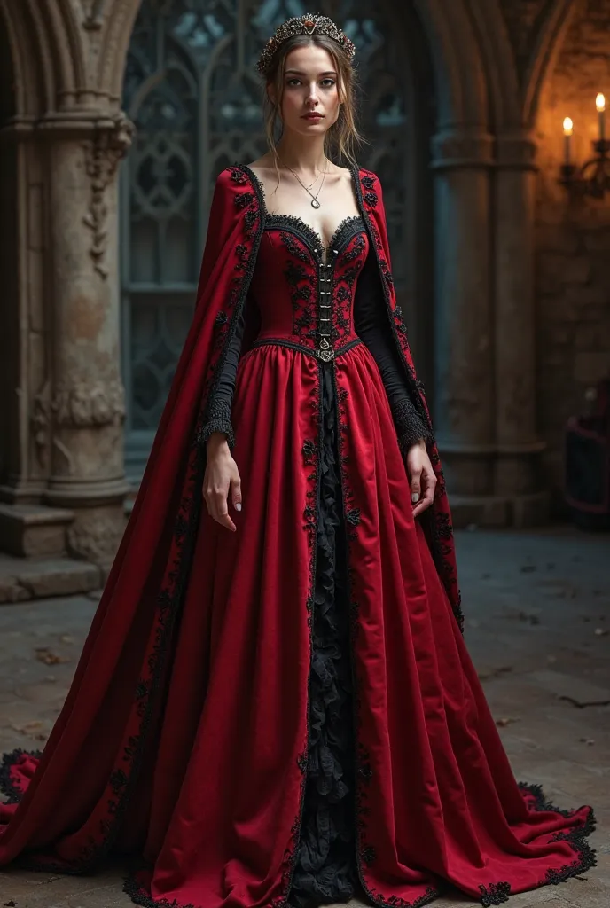 Medieval and Feerico style dress in red with black details (straight neckline, cape sleeve)