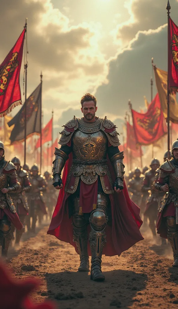 create a scene of Nimrod, dressed in royal armor, leading a massive army through a battlefield, his soldiers raising banners of conquest; aspect ration 16:9, cinematic suspense