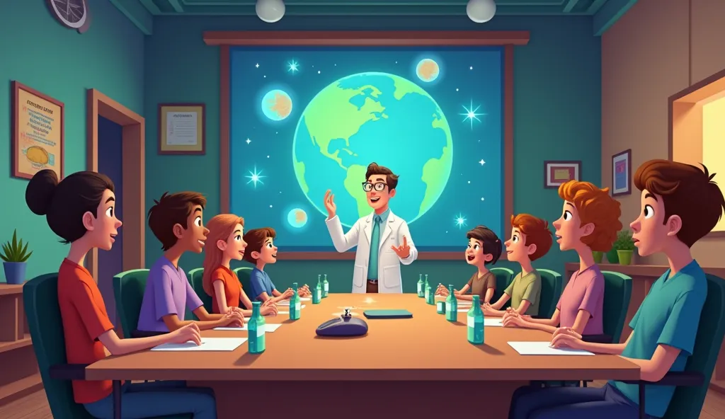 An animated scene of the science club meeting room with a banner recording "Planet Earth", members sit around the table and the club president stands greeting, Mr. AN, a scientist is standing speaking about the Solar System, and Earth is the third planet f...