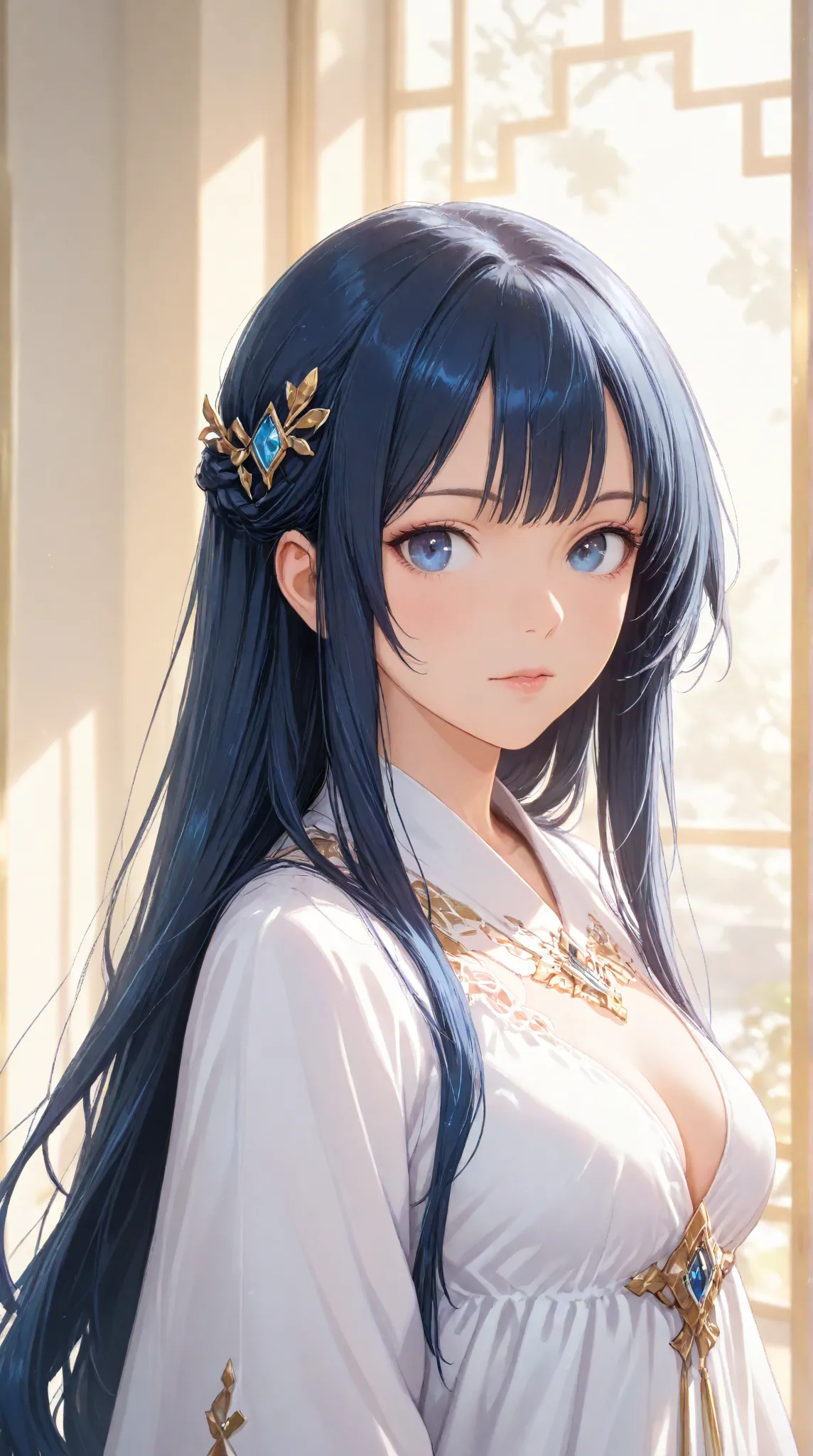 masterpiece,large breasts, long hair, (black hair1.5) , bangs, （1girl1.5）, 青リボン、Blue hairs ornament, 18 years old、breast focus、looking at viewer，full body，collared dress