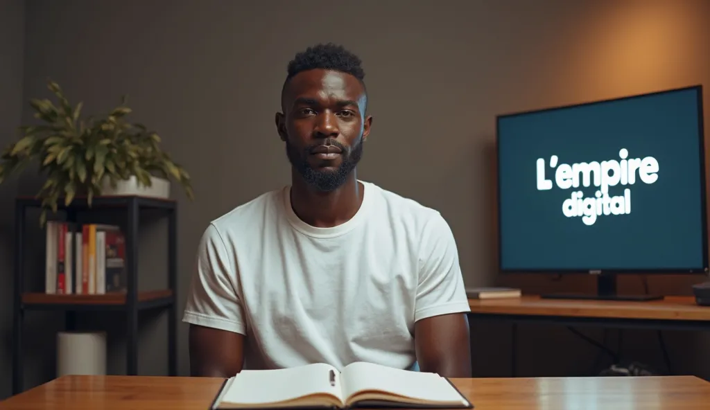 Un jeune homme africain réaliste, peau foncée, cheveux courts bien coiffés, représentant un entrepreneur inspirant et charismatique. Il est assis face caméra dans un studio YouTube moderne et professionnel, avec une posture droite et confiante. Son regard ...