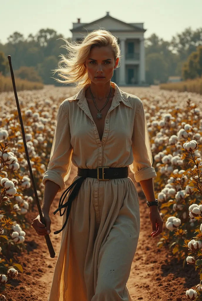 A blonde redneck woman walking with whip in hand in her cotton plantation while her African Slave  girls naked picking cotton 