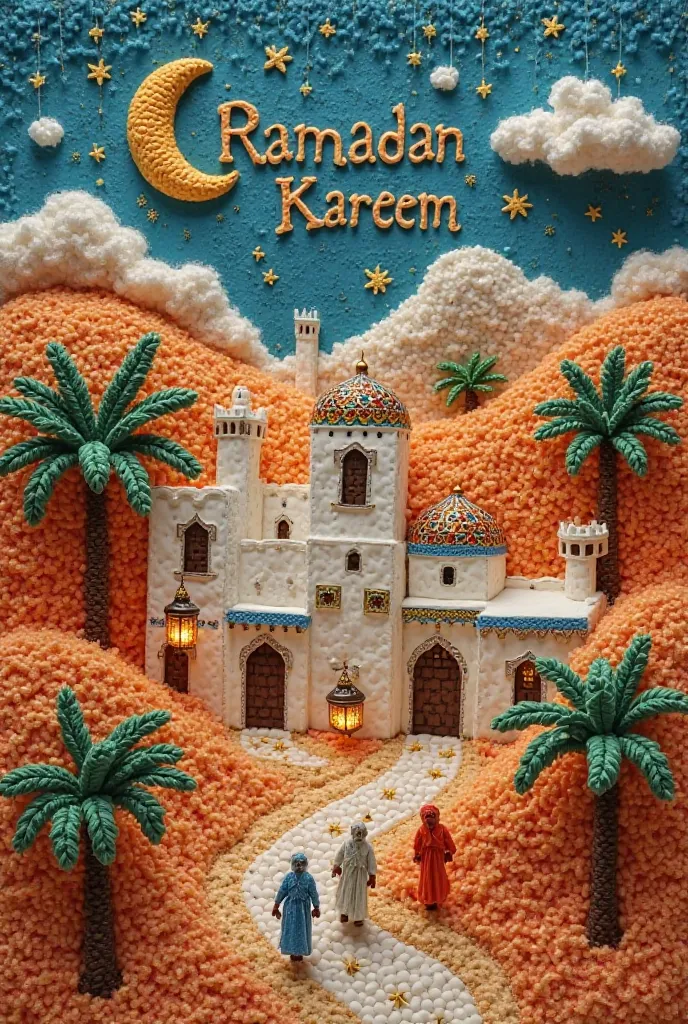 A warm and festive Moroccan landscape, crafted entirely in a crochet and yarn art style. Rolling desert hills and palm trees are carefully woven with soft, textured threads. Traditional Moroccan houses with white walls, colorful mosaic details, and ornate ...