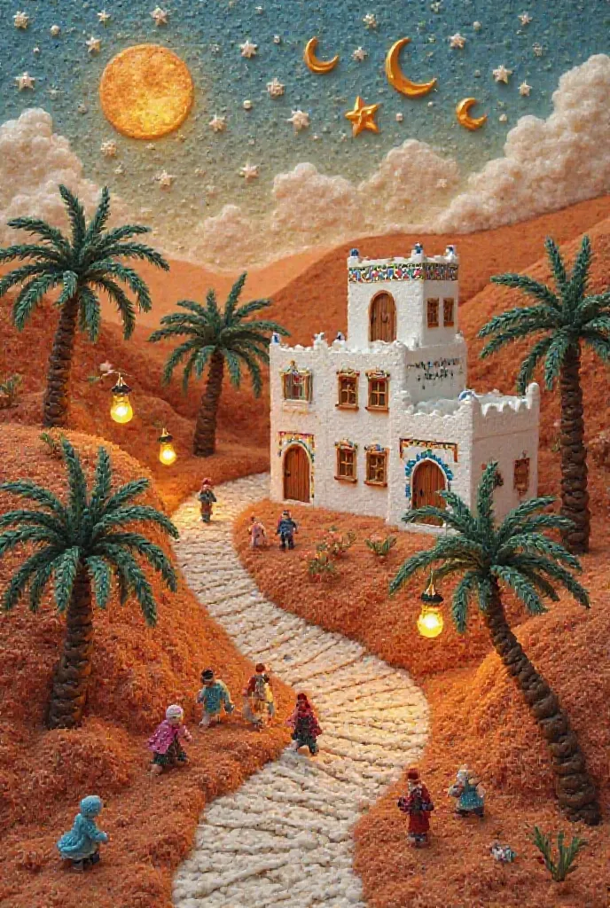 A warm and festive Moroccan landscape, crafted entirely in a crochet and yarn art style. Rolling desert hills and palm trees are carefully woven with soft, textured threads. Traditional Moroccan houses with white walls, colorful mosaic details, and ornate ...