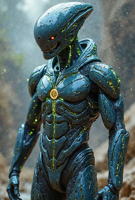 Create a highly advanced full body alien armor design that showcases a blend of organic and technological features for a muscular male. The armor should be sleek and aerodynamic, featuring bioluminescent patterns that pulse with energy. Incorporate element...