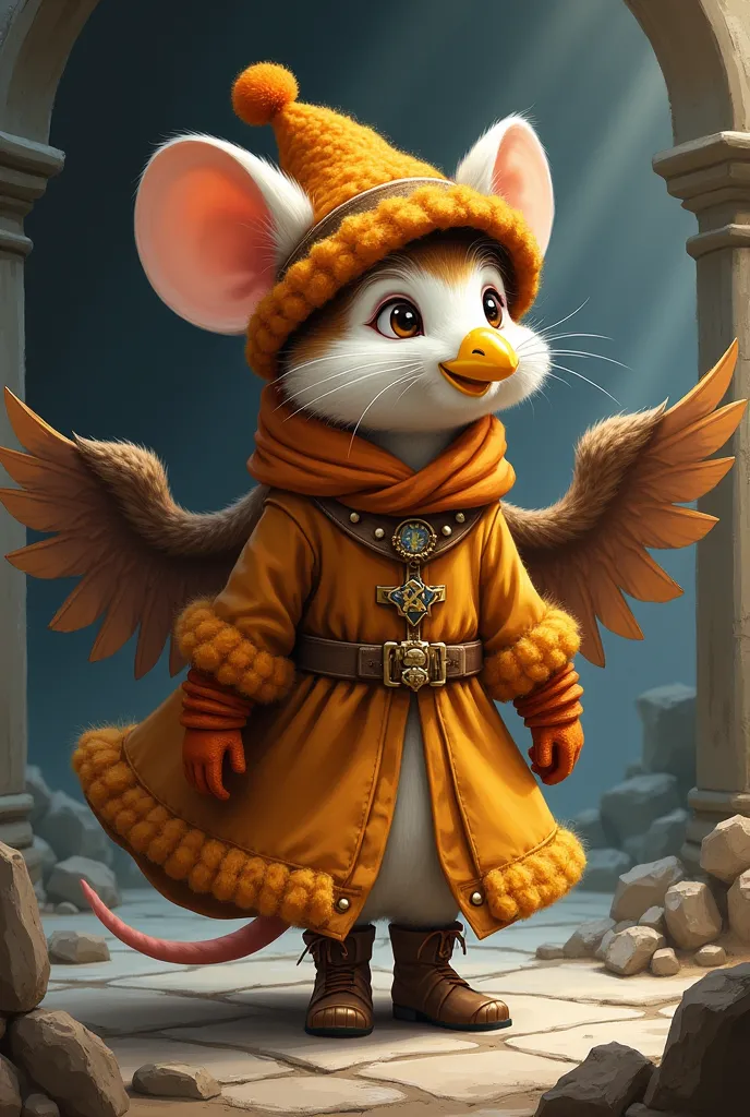 little anthropomorphic mouse girl Mobian with orange wool hat, in a sorcerer's suit , brown boots,  orange wool gloves , Yellow crow beak,wings spread out Geronimo Stilton style, in anime, In sketch , Dark shading , size difference 