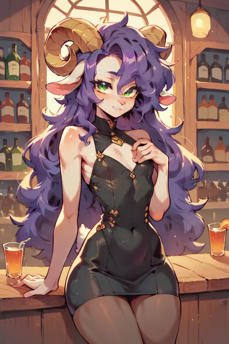  Masterpiece , Best quality,  adult ram, Best quality , lamb ears  , sheep horns , very detailed illustration , ( Anthropomorphic guy:1,7), fair skin , purple hair, green eyes, (19 years old) disheveled fluffy hair , seductive look, ideal body, thin waist,...