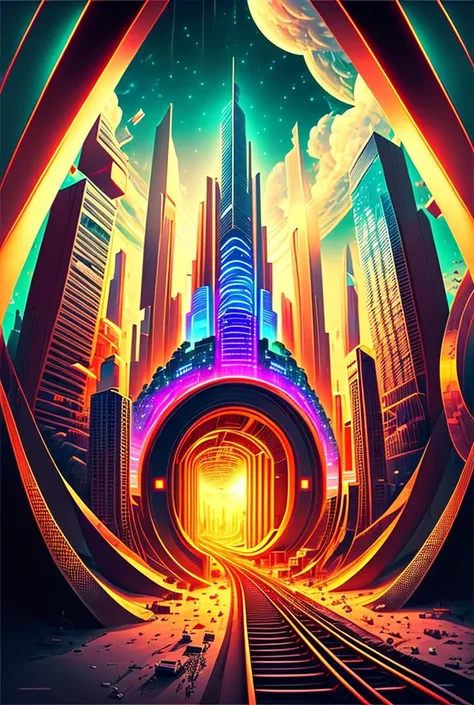 A fantastical design of a futuristic city shining in neon colors. Digital roads floating in the air, holographic trains running through the sky, and cyberspace-like tunnels of light all intersect. It has a futuristic and dynamic atmosphere.