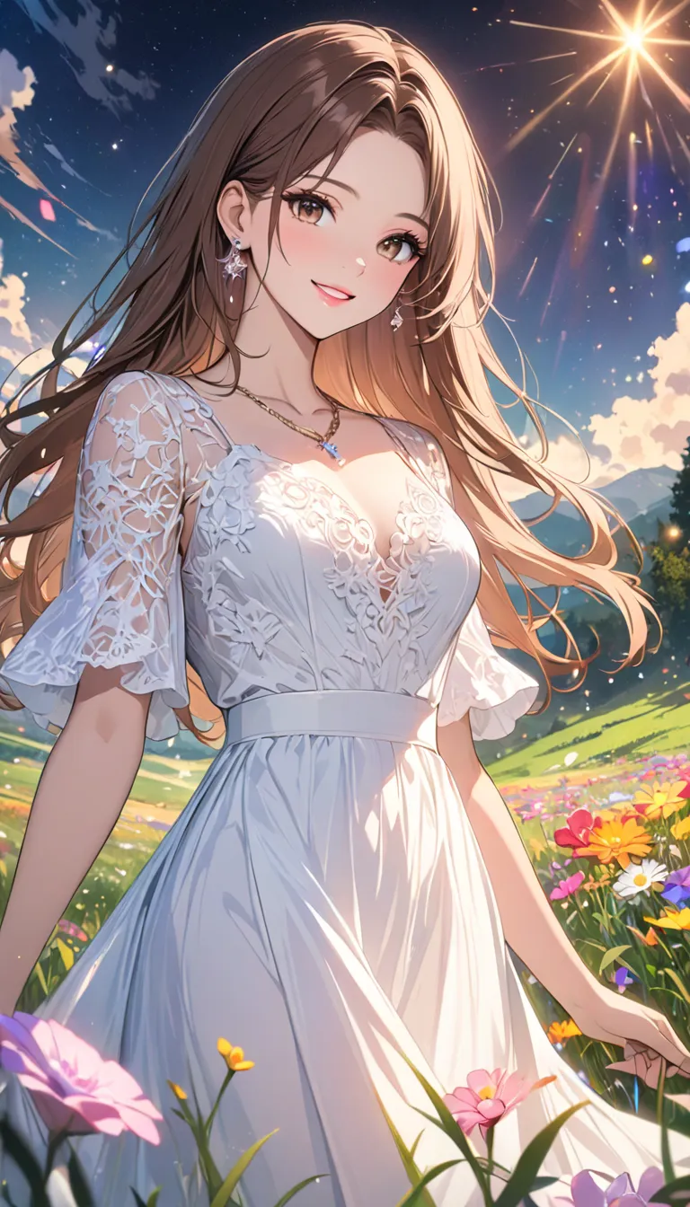 (masterpiece, Highest quality, 8k, Hi-Res), 1 young woman, beautiful face, sharp, beautiful brown eyes, pink lips, Beautiful Nose, Long brown hair, Perfect face , perfect style, smile,  best anime girl , Grassland with forest view, walk, Colorful flowers b...