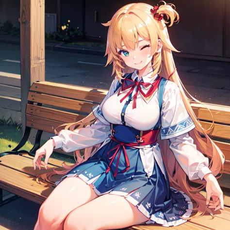 (a girl sitting at the park bench),(best quality,4k,8k,highres,masterpiece:1.2),ultra-detailed,(realistic,photorealistic,photo-realistic:1.37),HDR,UHD,studio lighting,professional,very high resolution,good image,vivid colors, akaihaato, smiling, eye closed