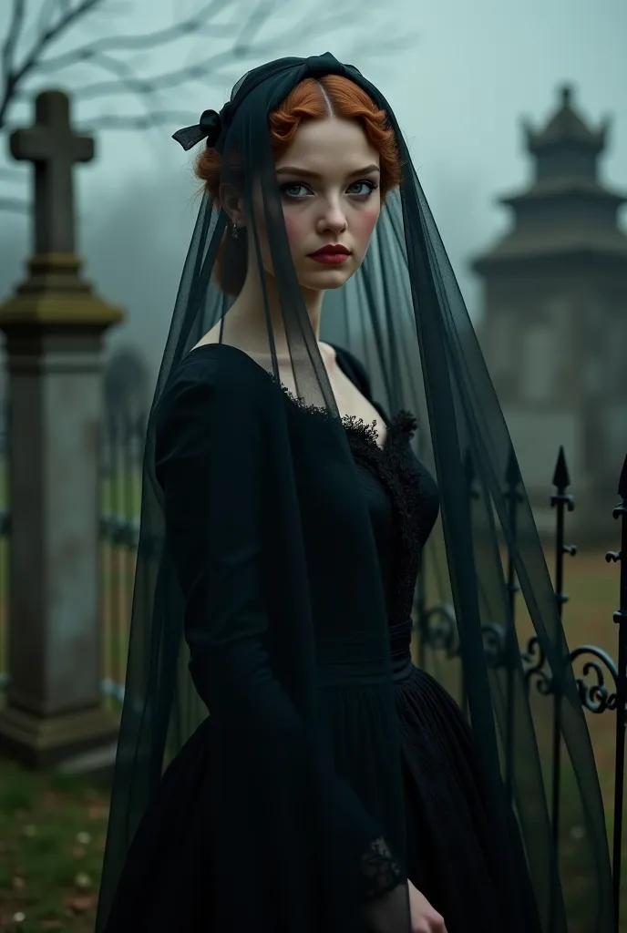 Young and beautiful woman with caramel-colored hair tied in a bow and light eyes wears a dark dress from the year 1840, her face is covered with a black veil, she is in a cemetery of the time 