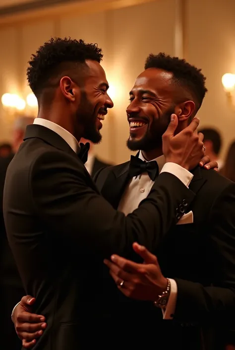 A cinematic ultra-realistic scene of Neymar Jr. meeting and interacting with Renato Aragão. Neymar and Renato are laughing a lot while warmly greeting each other backstage at a gala event. Renato, with his iconic smile, holds Neymar by the shoulders as the...