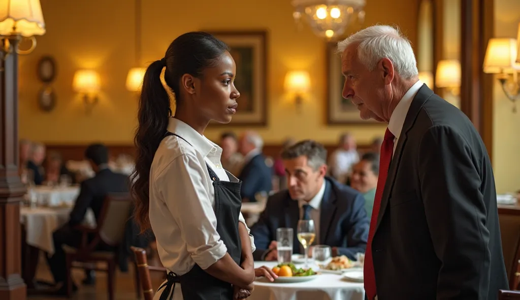 A high-end restaurant with a warm yellow atmosphere. A young black waitress with her hair tied back, wearing a white button-down shirt and a black apron, stood nervously while listening to an older white-haired white man in a black suit and red tie. The wh...