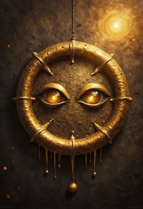 Generate a 1 colour logo of circular logo entirely of dripping liquid metallic gold circle spiral , inside is an image of 2 golden eyes with a spiral inside each pupil
  at the top of the logo the word 
                  "MIDAS"                            ...