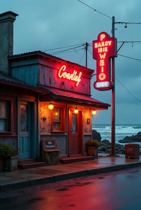 Tell me about a bar, on a rocky beach street, This bar is old, has some neons on the sign stopping working and it looks like an 80s bar 